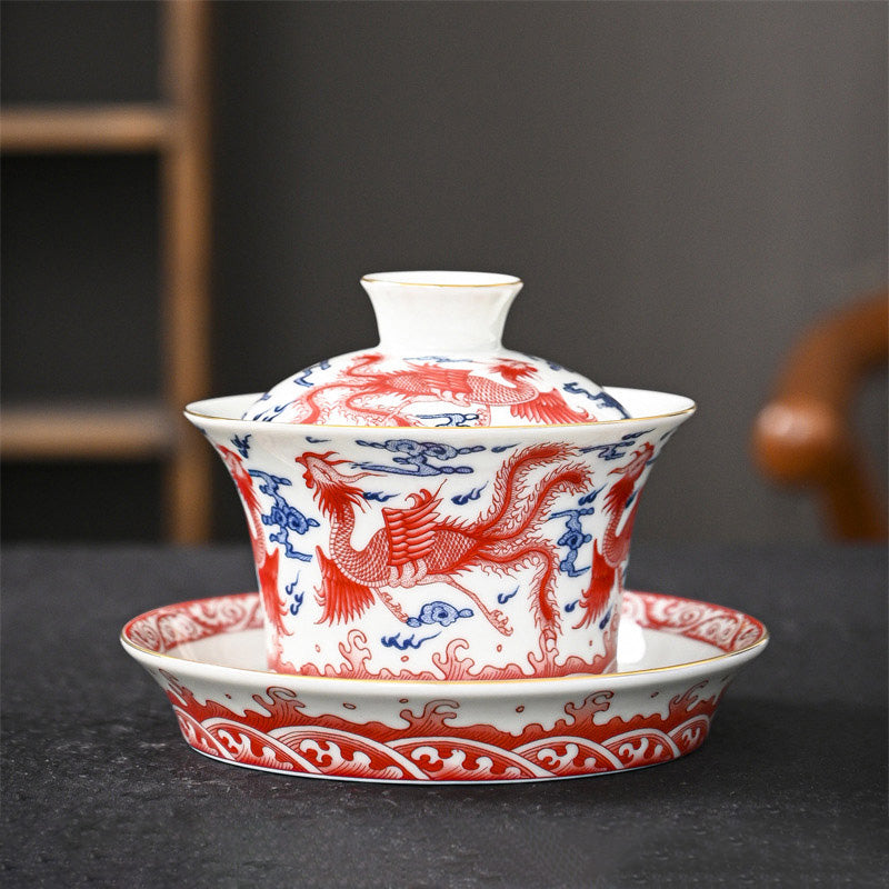 Jingdezhen Dragon Phoenix Pavilion Pine Flower Ceramic Gaiwan Sancai Teacup Kung Fu Tea Cup And Saucer With Lid 170ml