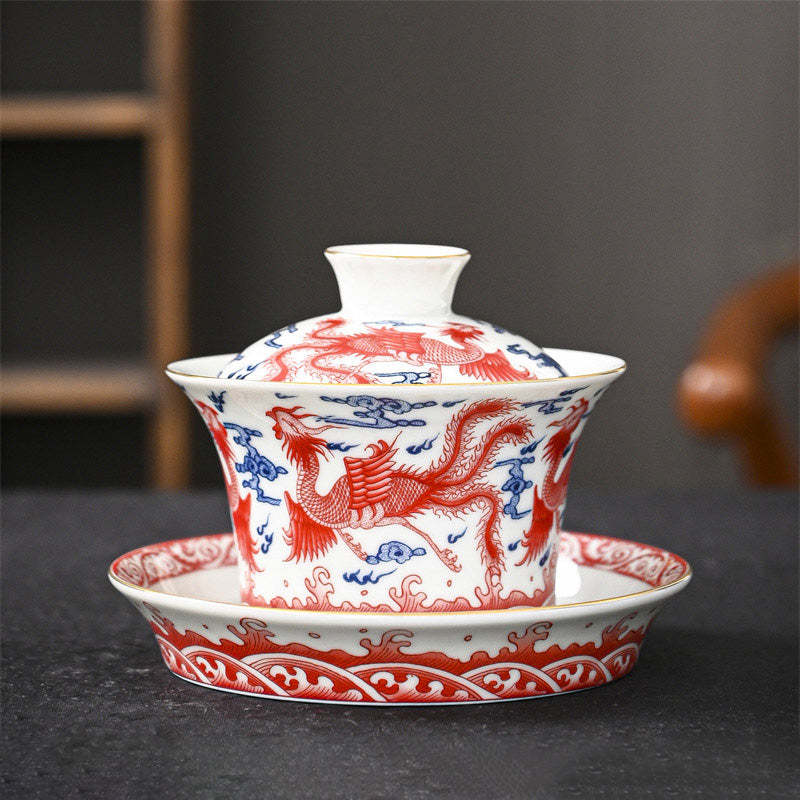 Jingdezhen Dragon Phoenix Pavilion Pine Flower Ceramic Gaiwan Sancai Teacup Kung Fu Tea Cup And Saucer With Lid 170ml