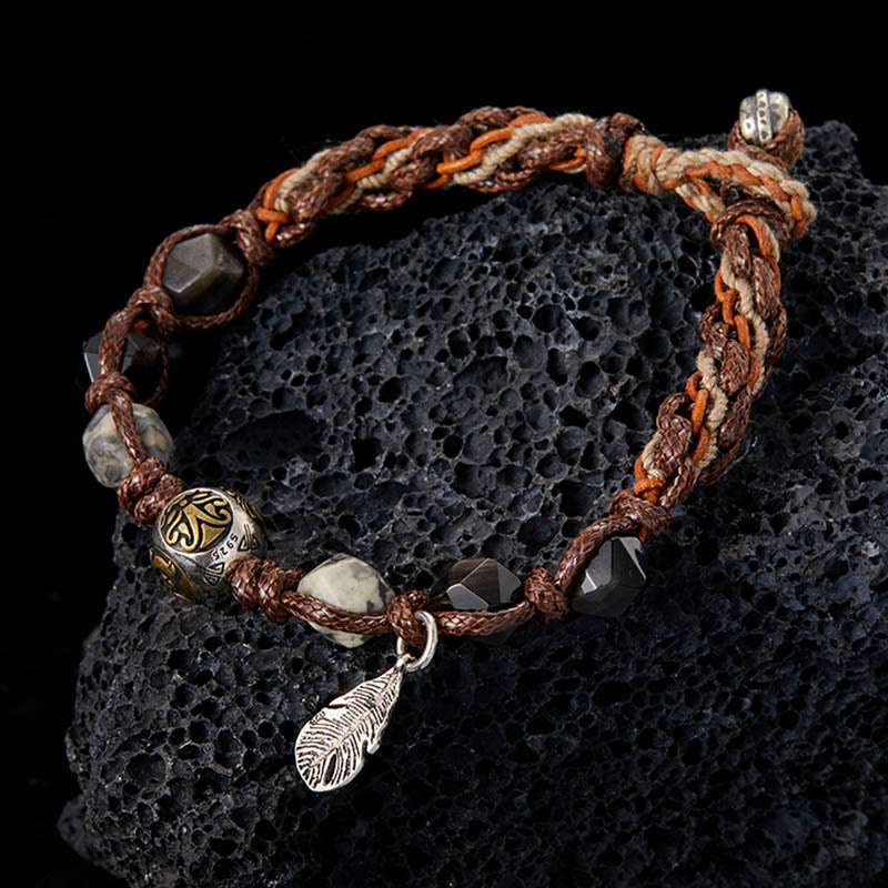 Retro 925 Sterling Silver Silver Sheen Obsidian Transport Rope Handmade Braided Bracelet