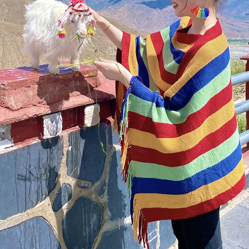 Tibetan Colorful Striped Design Shawl Tassels Pullover Winter Cozy Travel Scarf Wrap