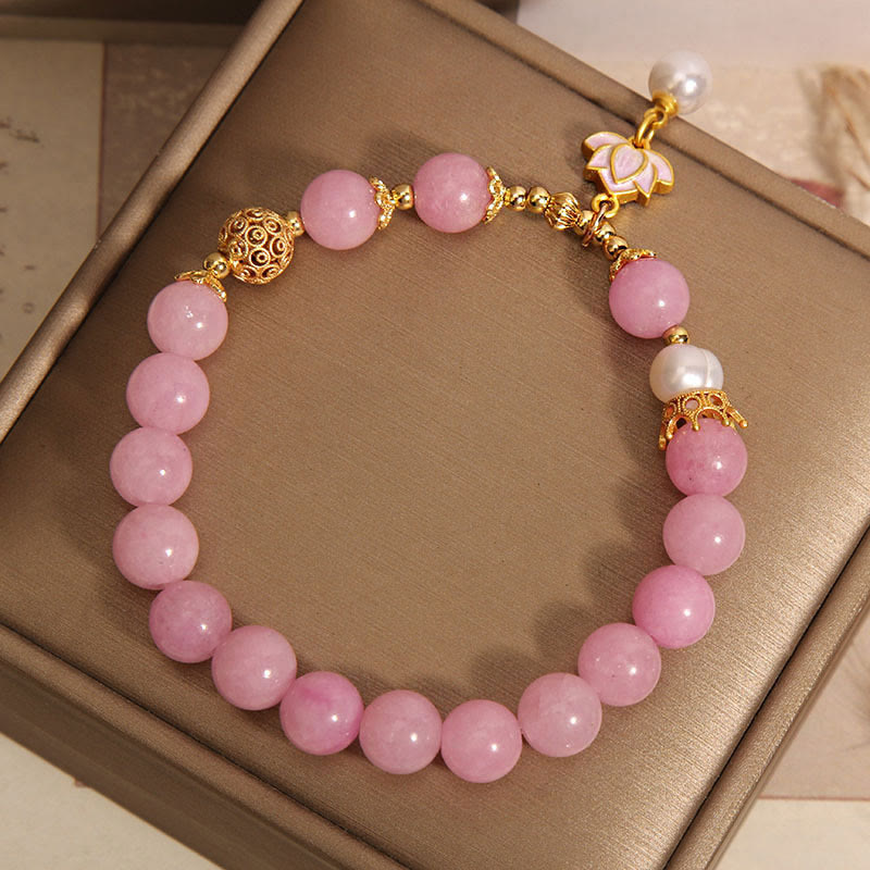 Pink Jade Pearl Lotus Charm Harmony Bracelet