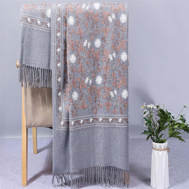 Polyester Shawl Cashew Flowers Embroidery Tassel Winter Cozy Travel Scarf Wrap