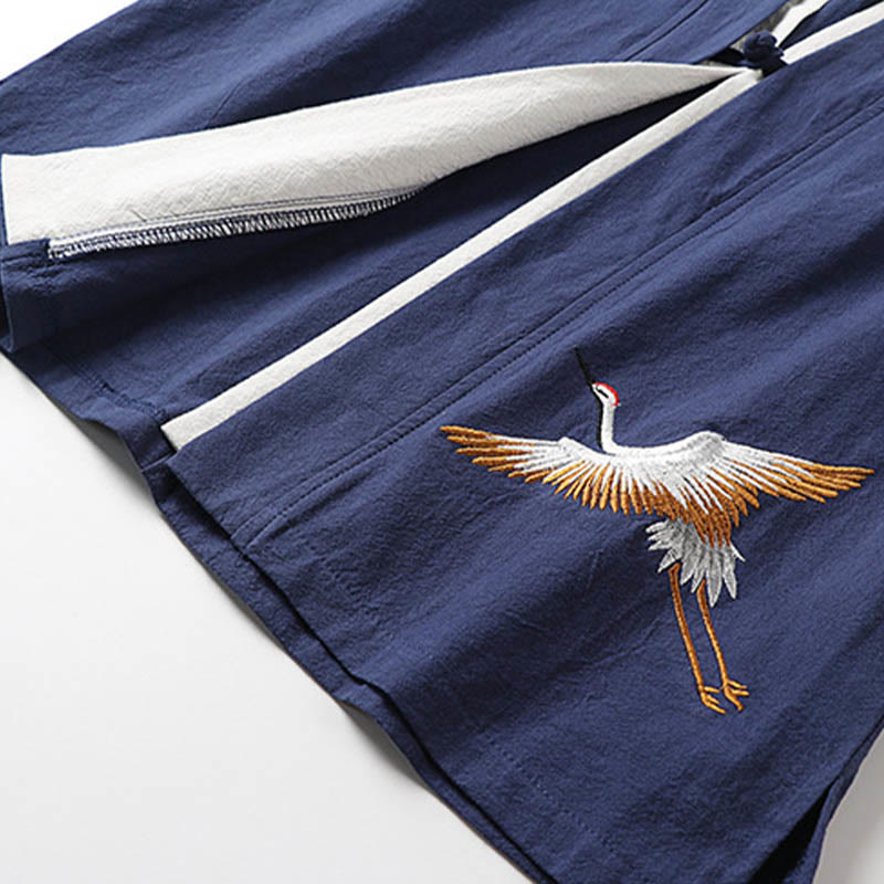 Fake Two-piece Men's Half Sleeve Cardigan Embroidery Hanfu Comfort Cotton Shirt