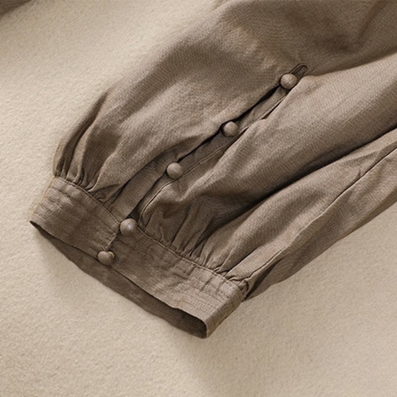Pure Color Drawstring Frog-Button Cotton Linen Women's Harem Pants With Pockets