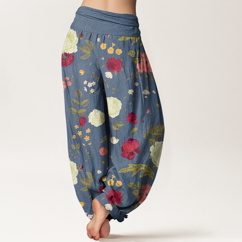 Rose Flowers Leaves Totem Pattern Women's Elastic Waist Harem Pants
