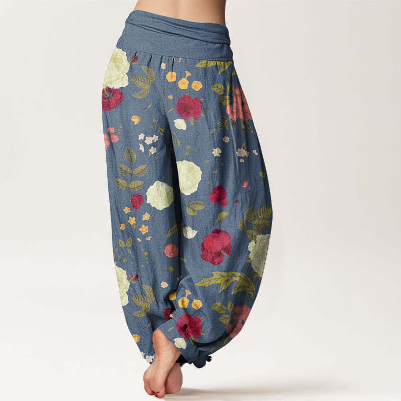 Rose Flowers Leaves Totem Pattern Women's Elastic Waist Harem Pants