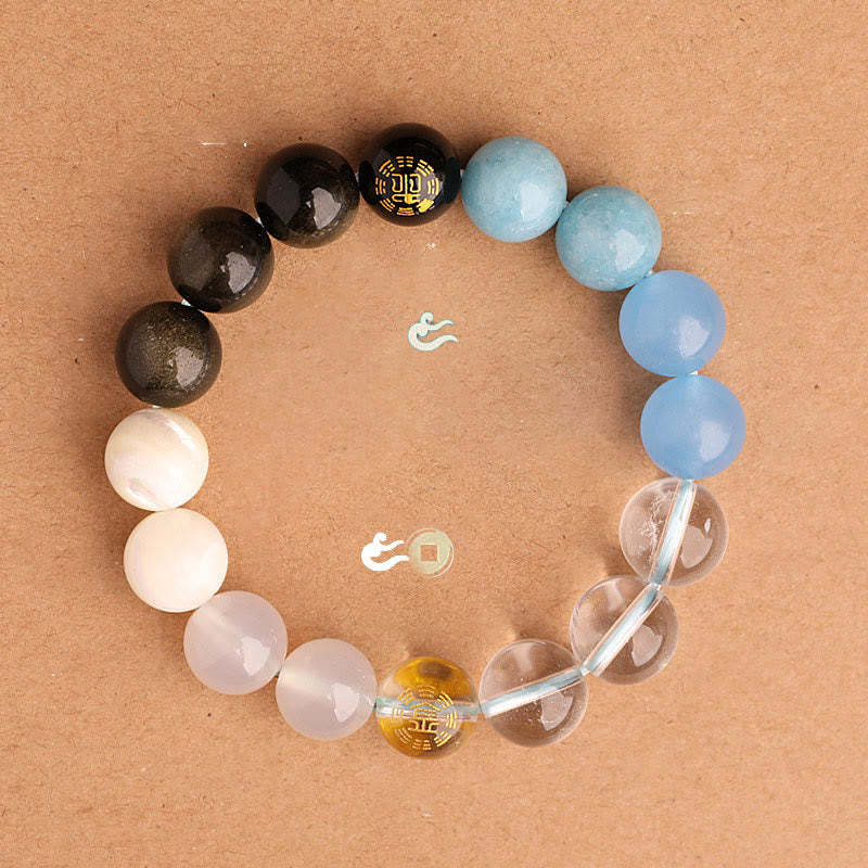 Five Elements Various Agate Crystal Black Onyx Green Chalcedony Aquamarine Wisdom Bracelet