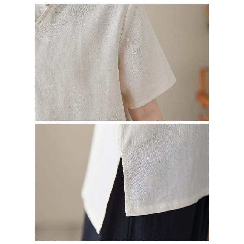 Solid Color Frog-Button Short Sleeve Cotton Linen Shirt