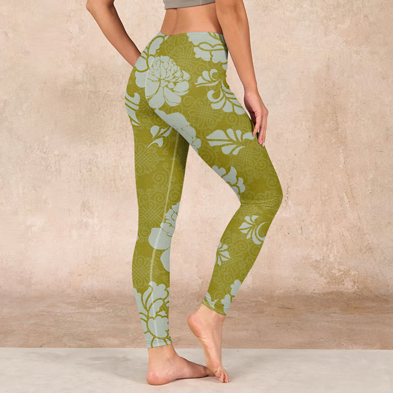Monochrome Flowers Print Gym Leggings Women's Yoga Pants