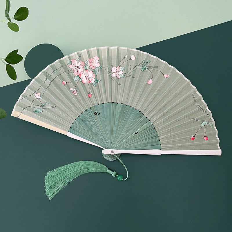 Orchid Begonia Flower Handheld Cotton Linen Fabric Bamboo Folding Fan