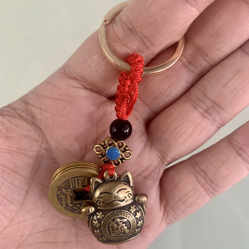 Feng Shui Five Emperor Coins Lucky Cat Money Wealth Keychain