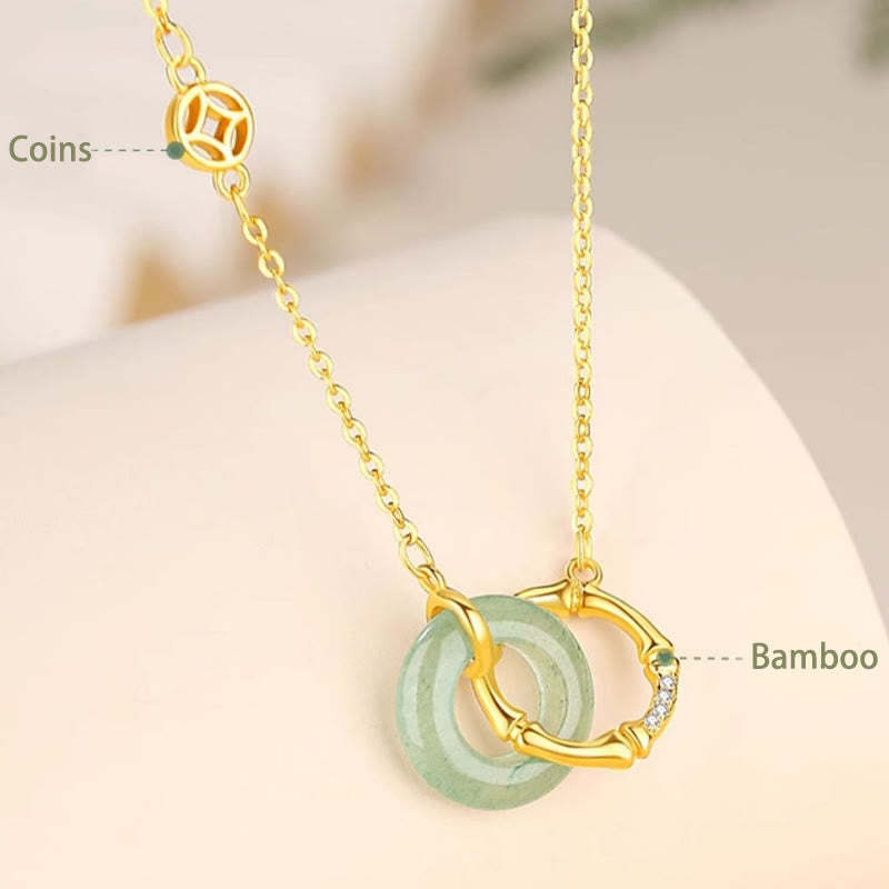 925 Sterling Silver Natural Green Aventurine Peace Buckle Bamboo Coin Prosperity Necklace Pendant