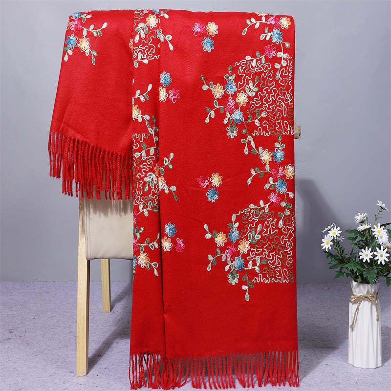 Rayon Fabric Shawl Colorful Small Flowers Embroidery Tassel Winter Cozy Travel Scarf Wrap
