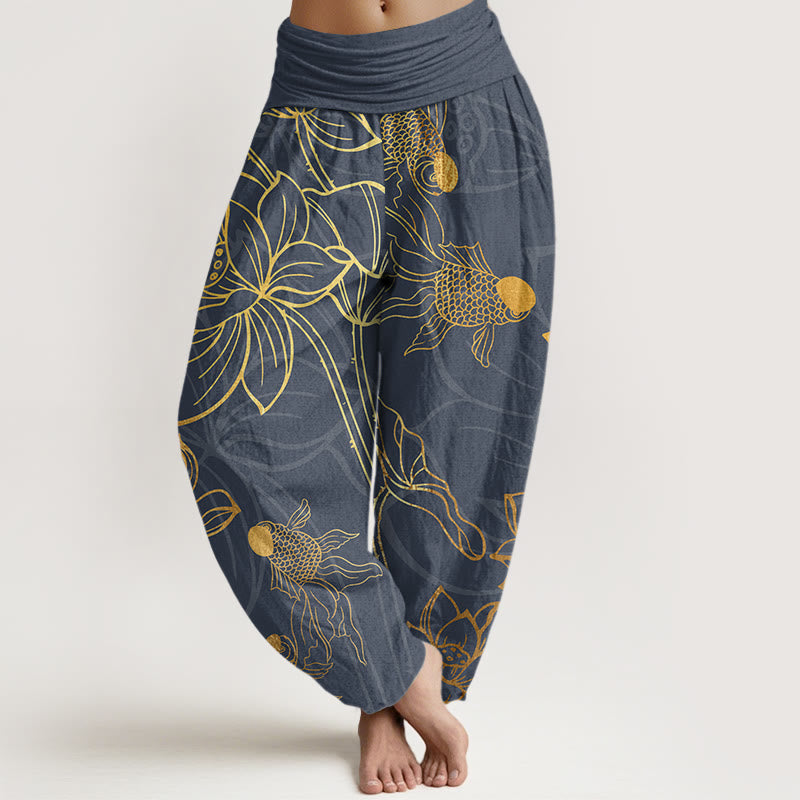 Lotus Leaf Koi Fish Women's Elastic Waist Harem Pants