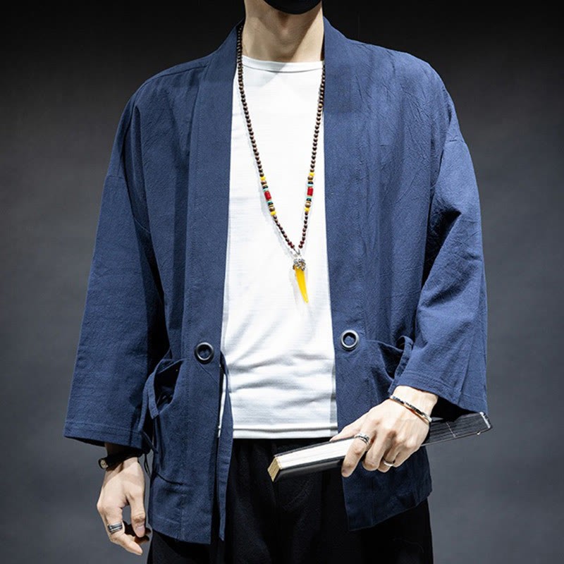 Solid Color Lace-up Open Front Jacket Cotton Men's Kimono
