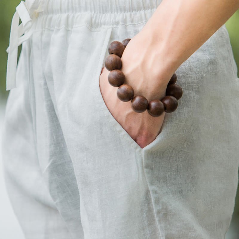 Solid Color Linen Men's Wide Leg Pants With Pockets