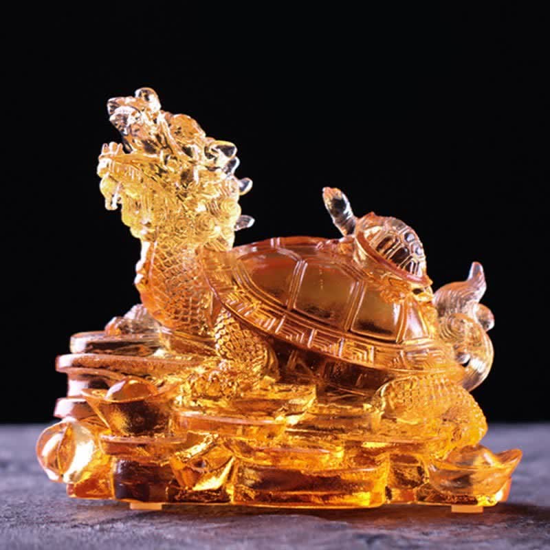 Feng Shui Dragon Turtle Coins Handmade Liuli Crystal Luck Art Piece Home Office Decoration
