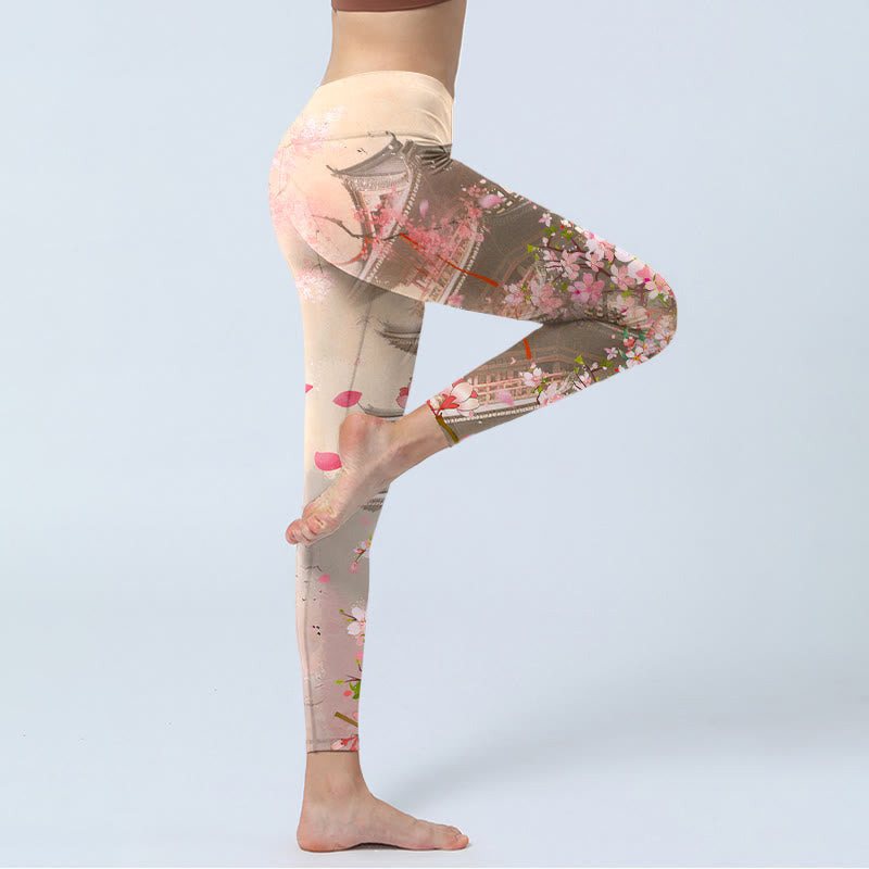 Pink Sakura Antique Building Print Fitness Leggings Women's Yoga Pants