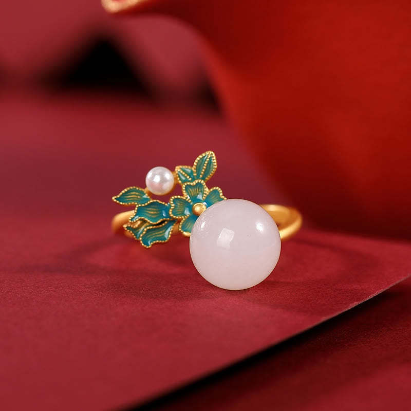 White Jade 925 Sterling Silver Pearl Flower Blessing Necklace Pendant Ring Earrings