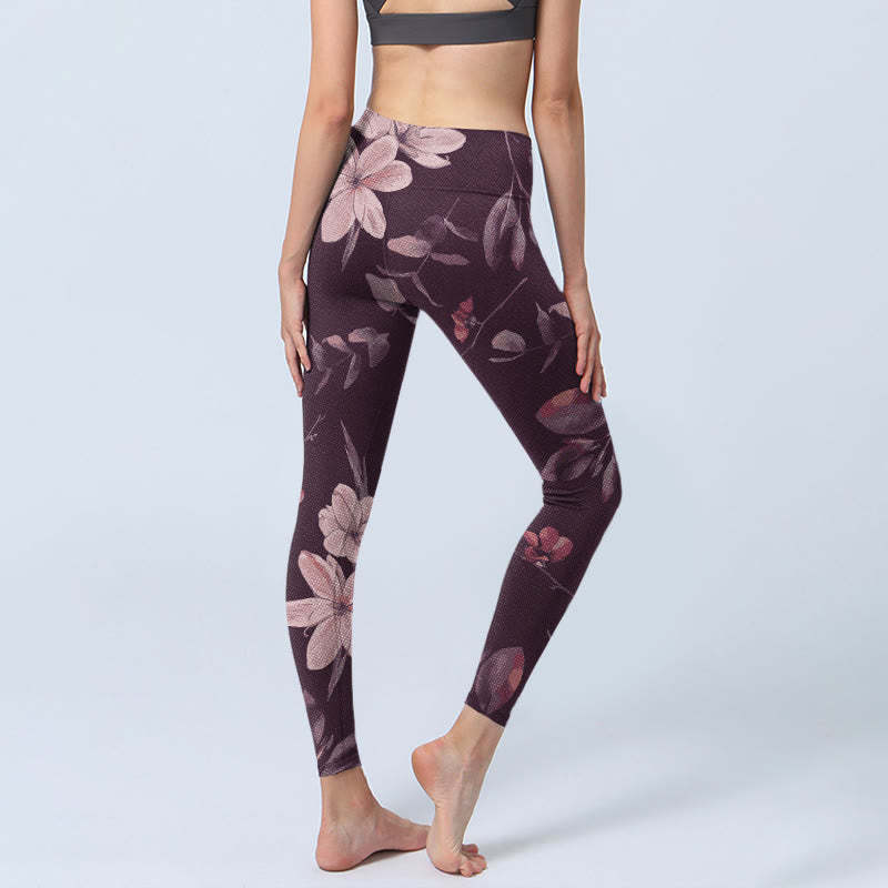 Purple White Flowers Leaves Blossom Print Gym Fitness Leggings Women's Yoga Pants