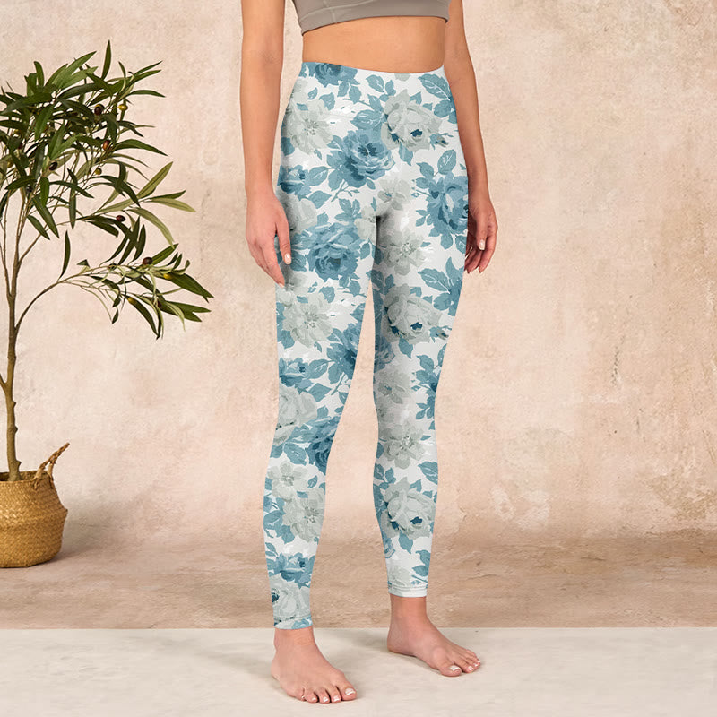 Green White Flower Gym Leggings Women's Yoga Pants