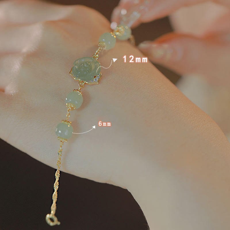 14K Gold Plated Hetian Jade Rose Flower Luck Chain Bracelet