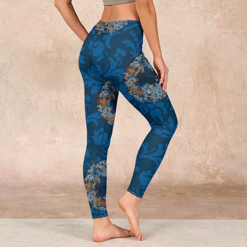 Dark Blue Flowers In Bloom Print Sports Leggings Women's Yoga Pants