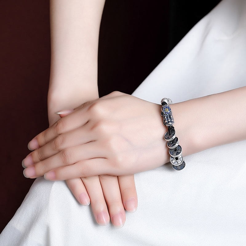 999 Sterling Silver FengShui PiXiu Copper Coin Fu Character Wealth Braided Bracelet