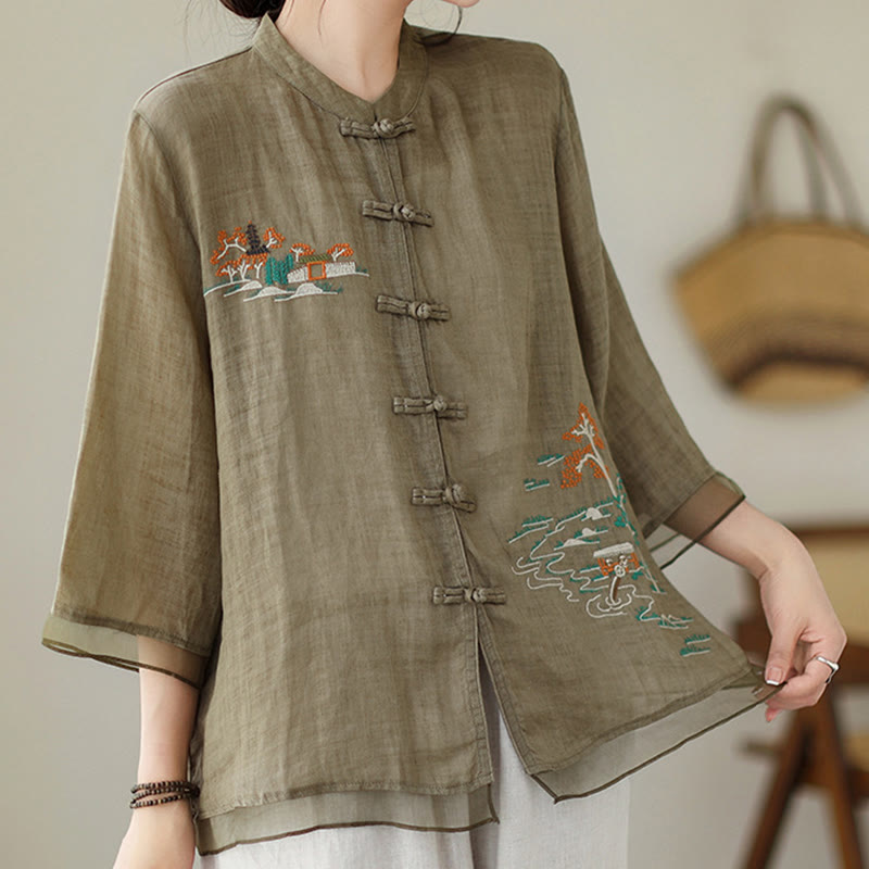 Embroidery Frog-button Design Three Quarter Sleeve Women's Shirt