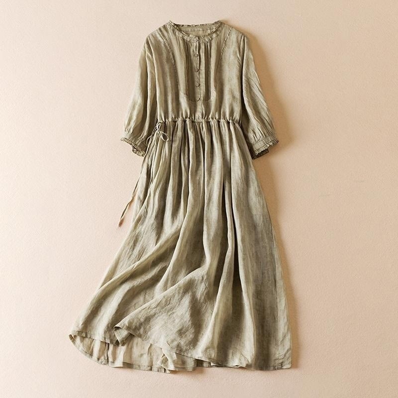 Casual Drawstring Design Short Sleeve Cotton Midi Dress With Pockets