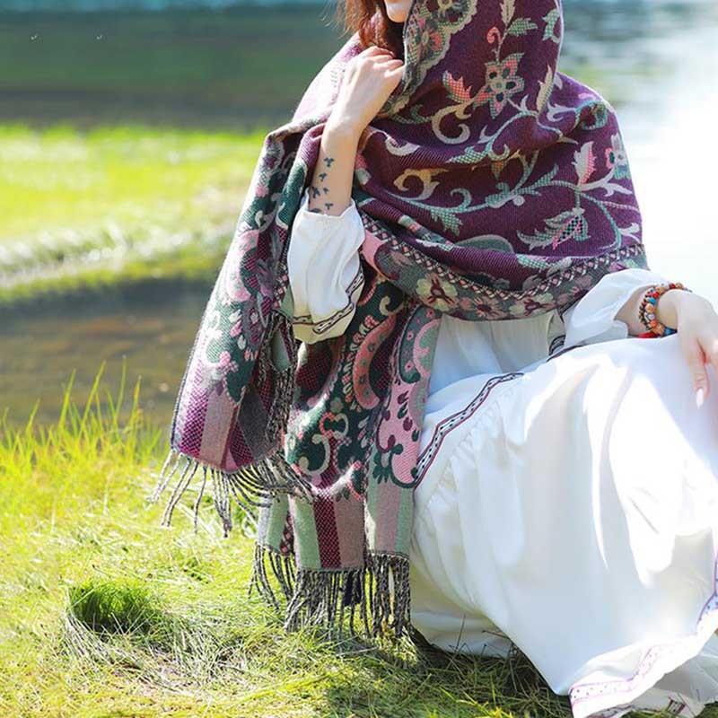 Tibetan Flowers Leaves Branch Design Tassel Shawl Cozy Travel Scarf Wrap