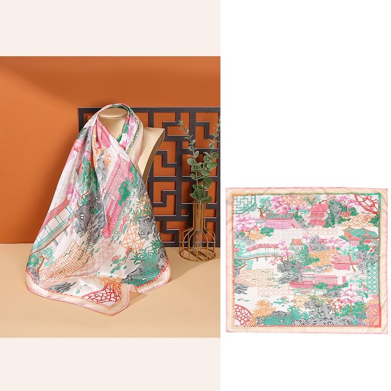 Pastoral Scene Hot Air Balloon Spring Blossom 100% Mulberry Silk Neck Hair Scarf
