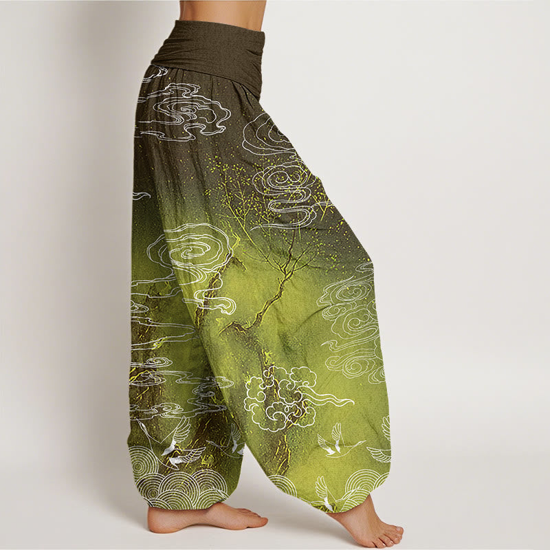 White Auspicious Clouds Birds Tree Pattern Women's Elastic Waist Harem Pants