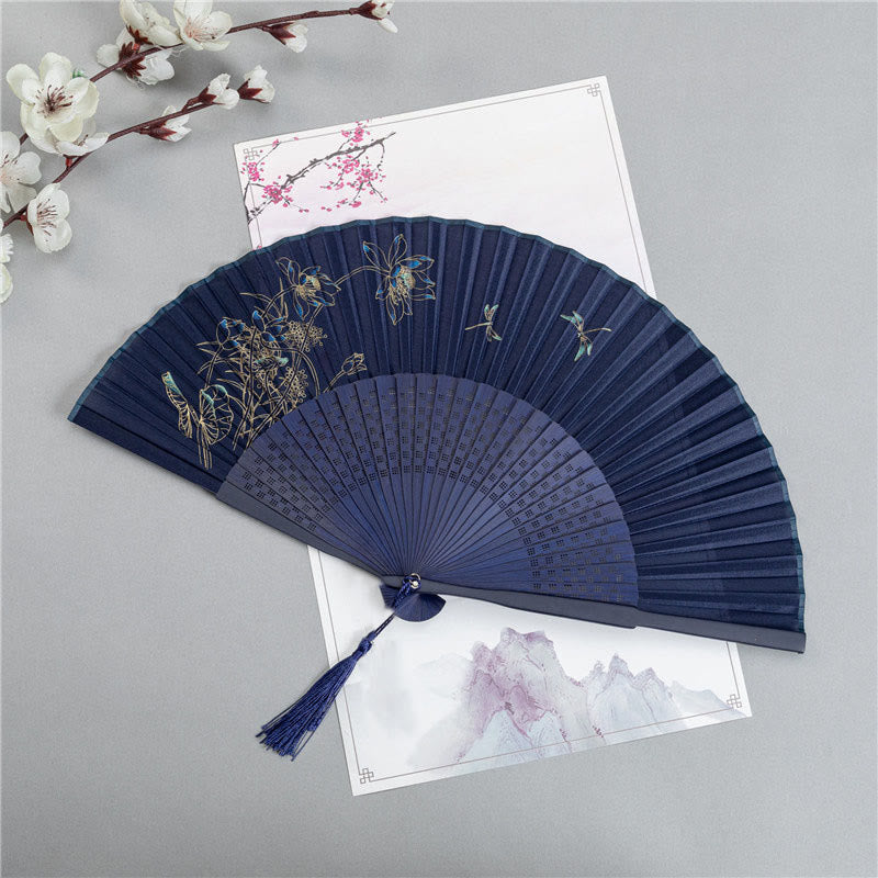Crane Dragonfly Lotus Peony Plum Blossom Butterfly Handheld Silk Bamboo Folding Fan 22.5cm