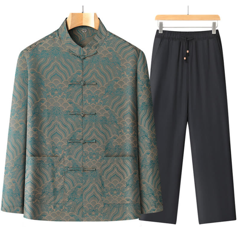2Pcs Auspicious Clouds Waves Tang Suit Men's Frog-Button Long Sleeve Shirt Pants Set