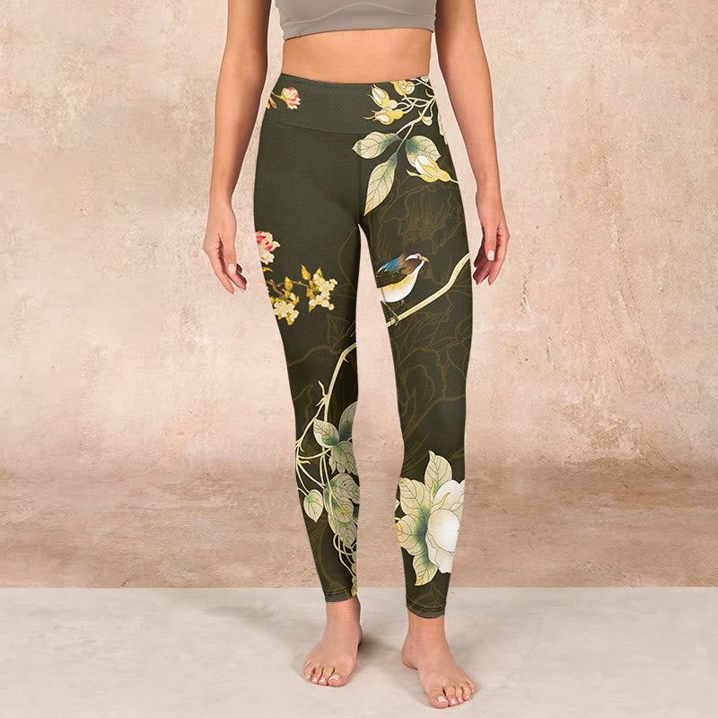Black Magnolia Flowers Print Gym Leggings Women's Yoga Pants