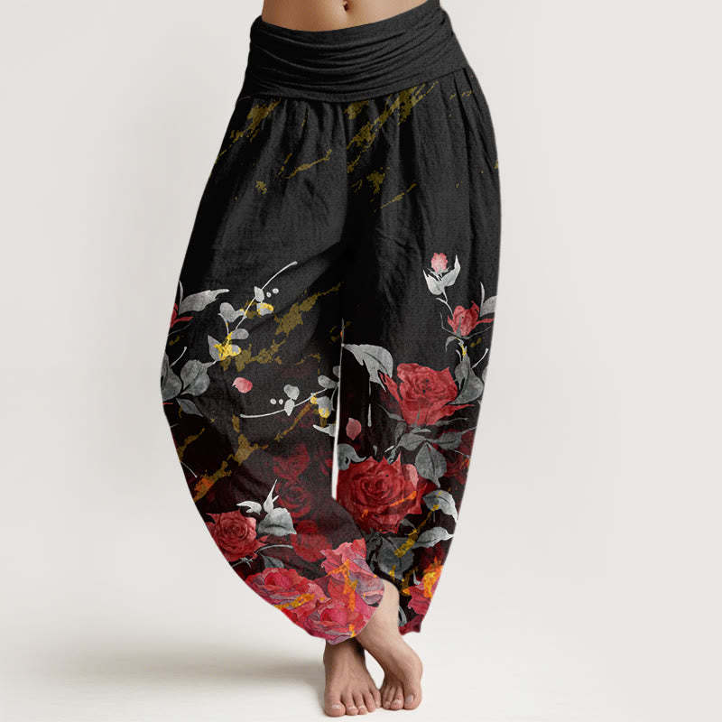 Blooming Roses Pattern Women's Elastic Waist Harem Pants