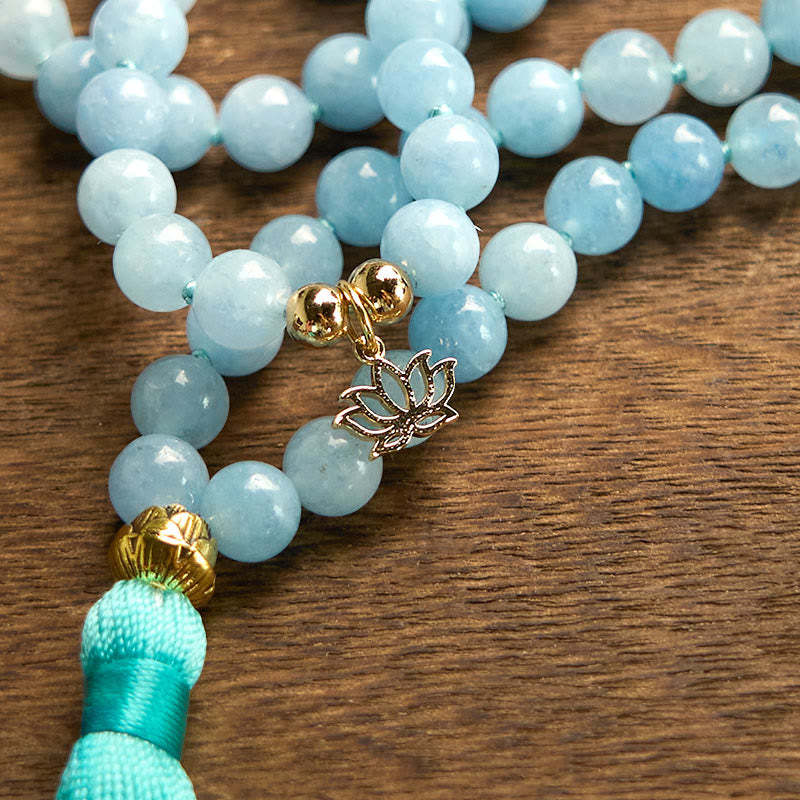 108 Mala Beads Natural Stone Aquamarine Tassel Lotus Healing Bracelet