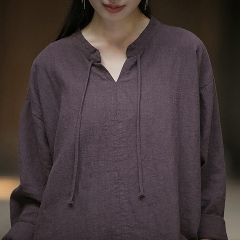 Retro Solid Color Long Sleeve Ramie Linen Women's Shirt