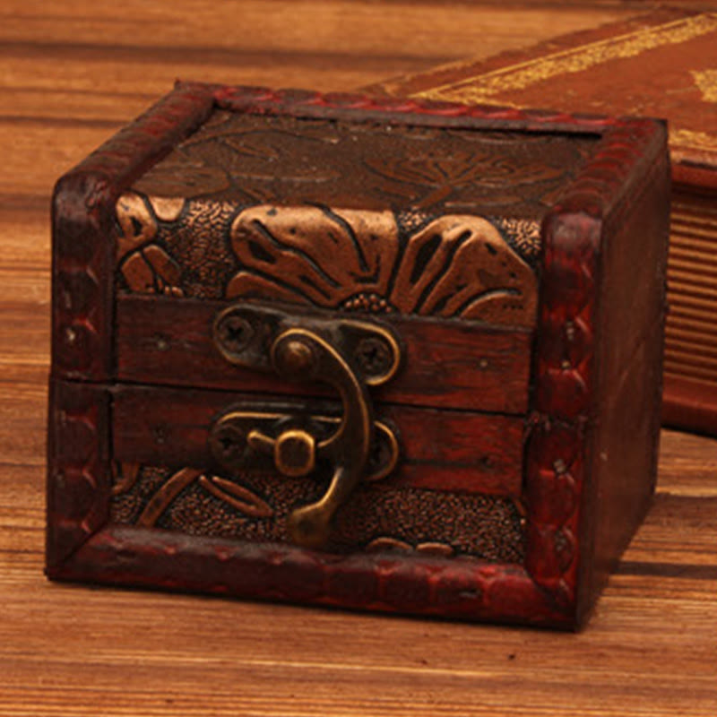 Retro Small Square Wood Jewelry Box Lotus Grass Flower Grape Copper Coin Daffodil Jewelry Storage Box