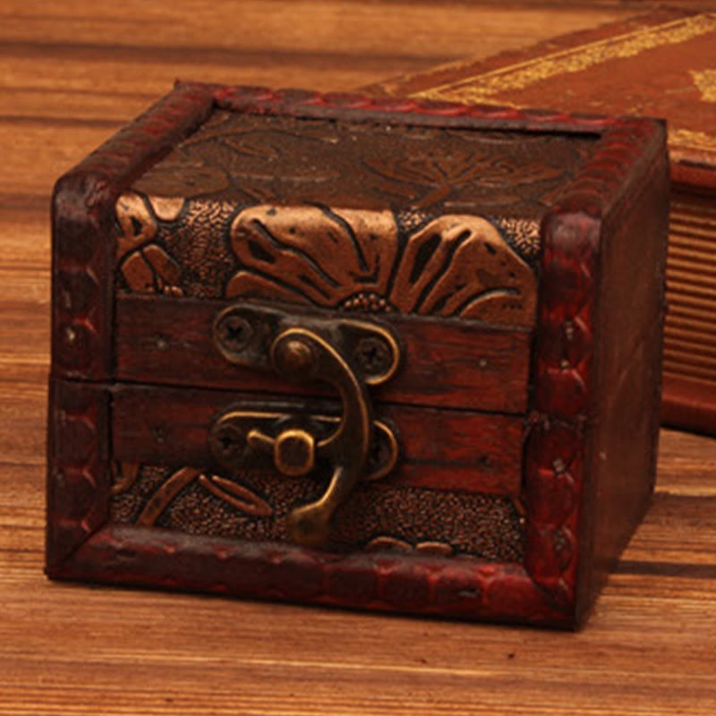 Retro Small Square Wood Jewelry Box Lotus Grass Flower Grape Copper Coin Daffodil Jewelry Storage Box