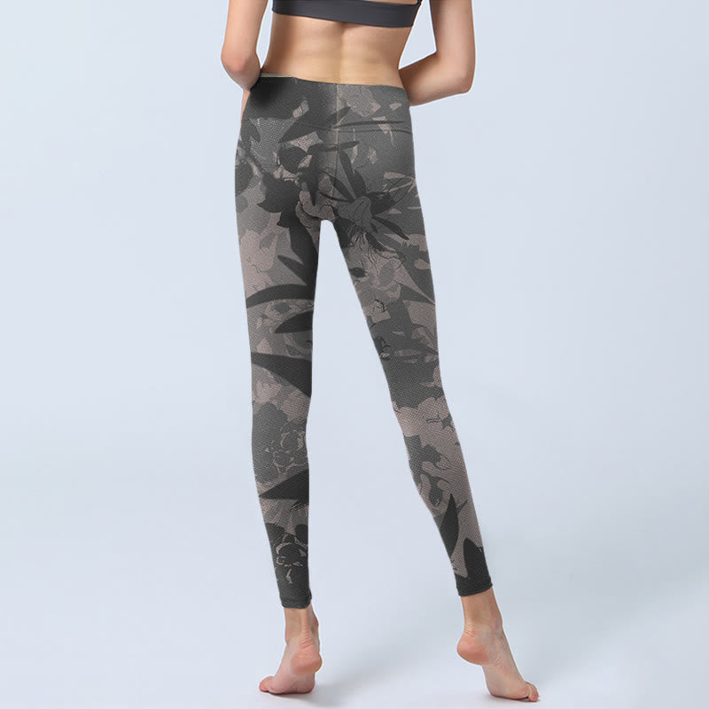 Gray Leaves Print Gym Leggings Women's Yoga Pants