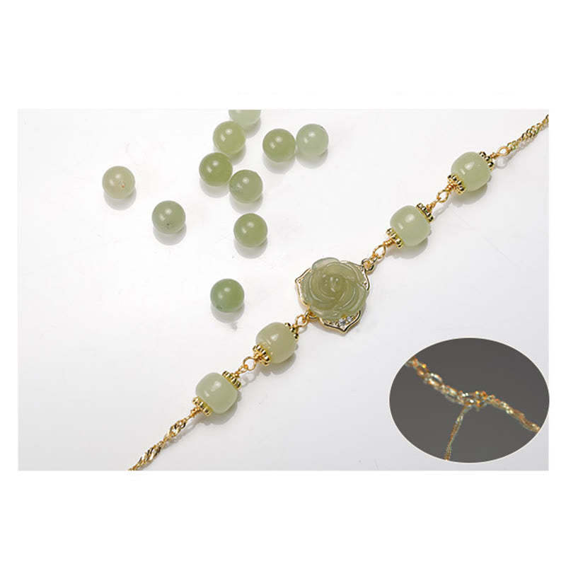 14K Gold Plated Hetian Jade Rose Flower Luck Chain Bracelet