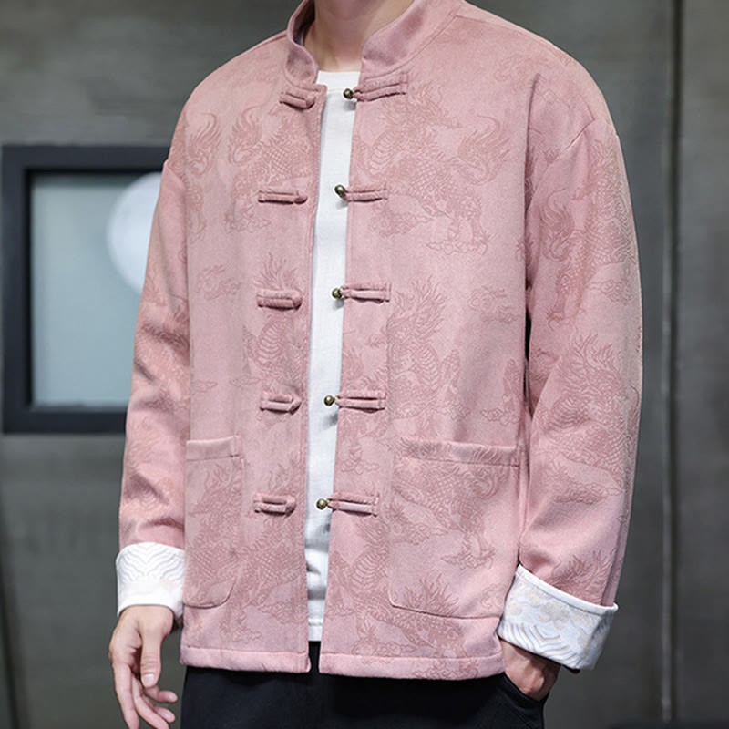 Chinese New Year Kirin Print Frog-button Tang Suit Men's Jacket Shirt With Pockets