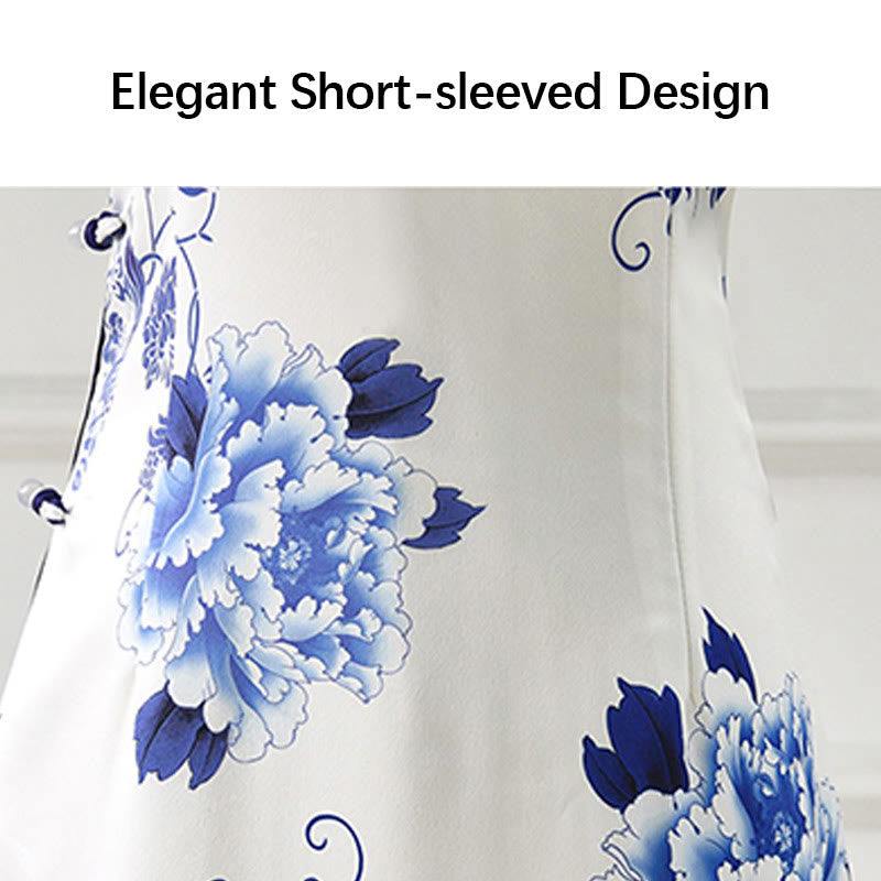 Blue And White Porcelain Color Peony Flower Pattern Cheongsam Dress Women's Qipao Dress