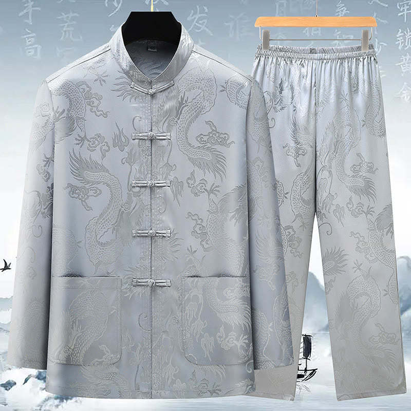 Tang Suit Men Hanfu Chinese Dragon Traditional Clothes Kung Fu Shirt Uniform Long Sleeved Coat Tops and Pants Clothing Men's Set