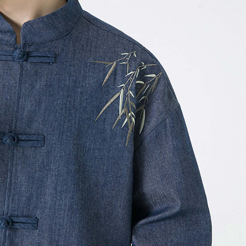 Bamboo Leaves Design Frog-button Tang Suit Cotton Men's Jacket Shirt
