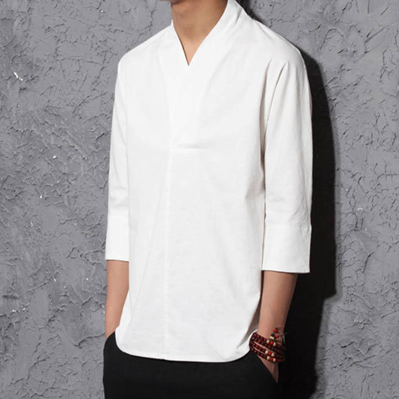 Casual V-Neck Three Quarter Sleeve Shirt Cotton Linen Men Clothing