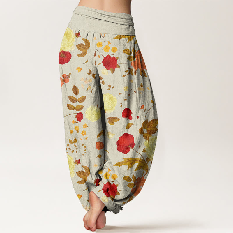 Rose Flowers Leaves Totem Pattern Women's Elastic Waist Harem Pants