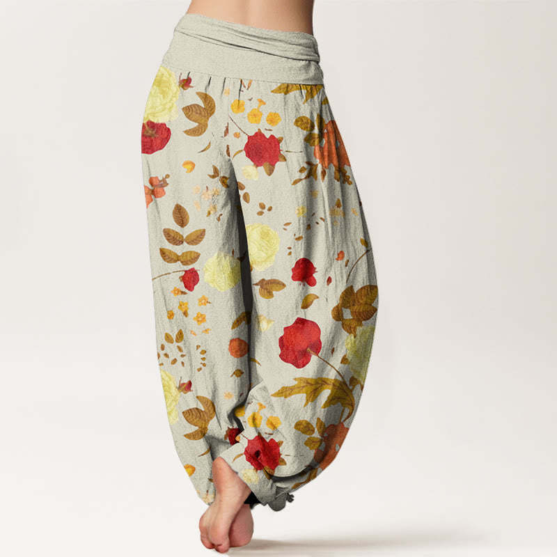 Rose Flowers Leaves Totem Pattern Women's Elastic Waist Harem Pants